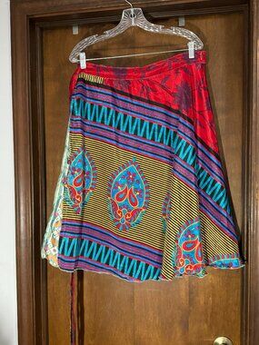 Darn Good Yarn Sari Silk Wrap Skirt Womens Goddess Mini Boho Gypsy Reversible